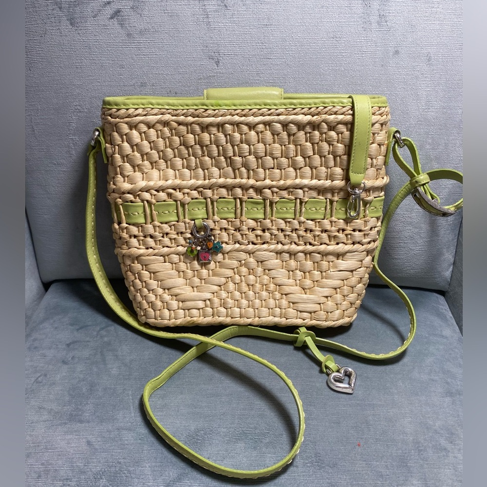 EUC Brighton straw woven tote crossbody w/ green leather,silver hardware, charms